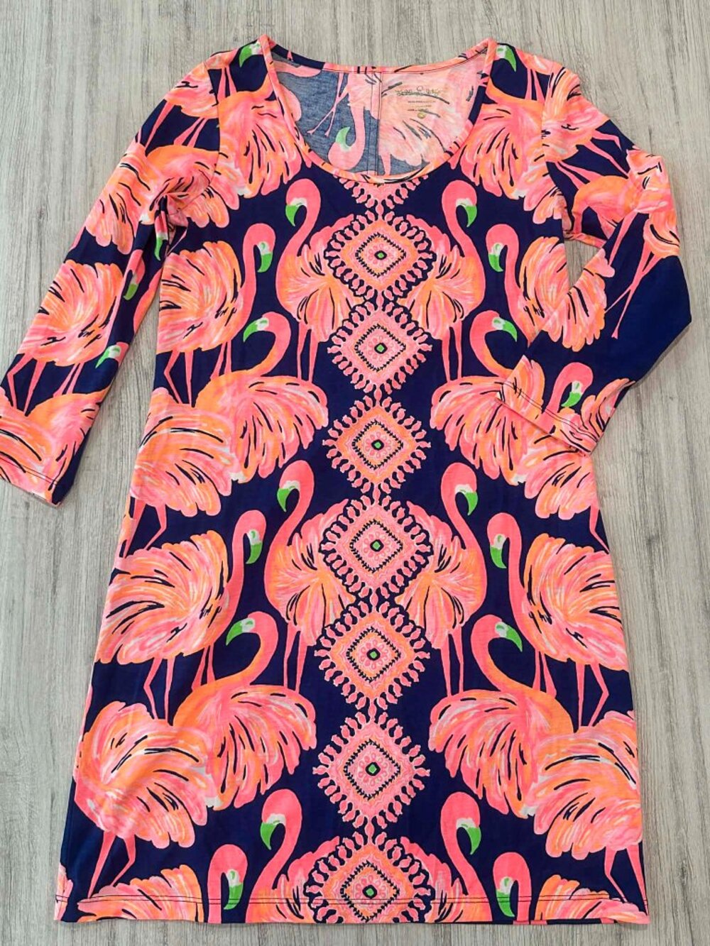 Lilly Pulitzer "Gimme Some Leg" dress Flamingo Print Navy Pink Coral Long Sleeve